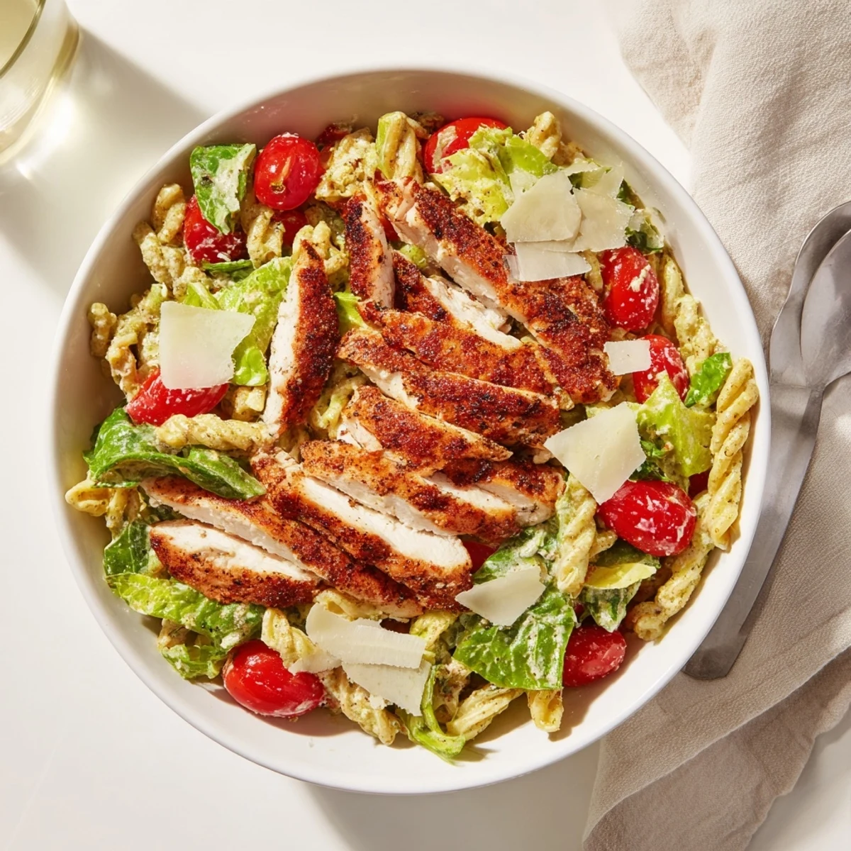 A close-up shows vibrant cherry tomatoes and parmesan cheese topping the hearty Spicy Chicken Caesar Pasta in a white ceramic bowl.