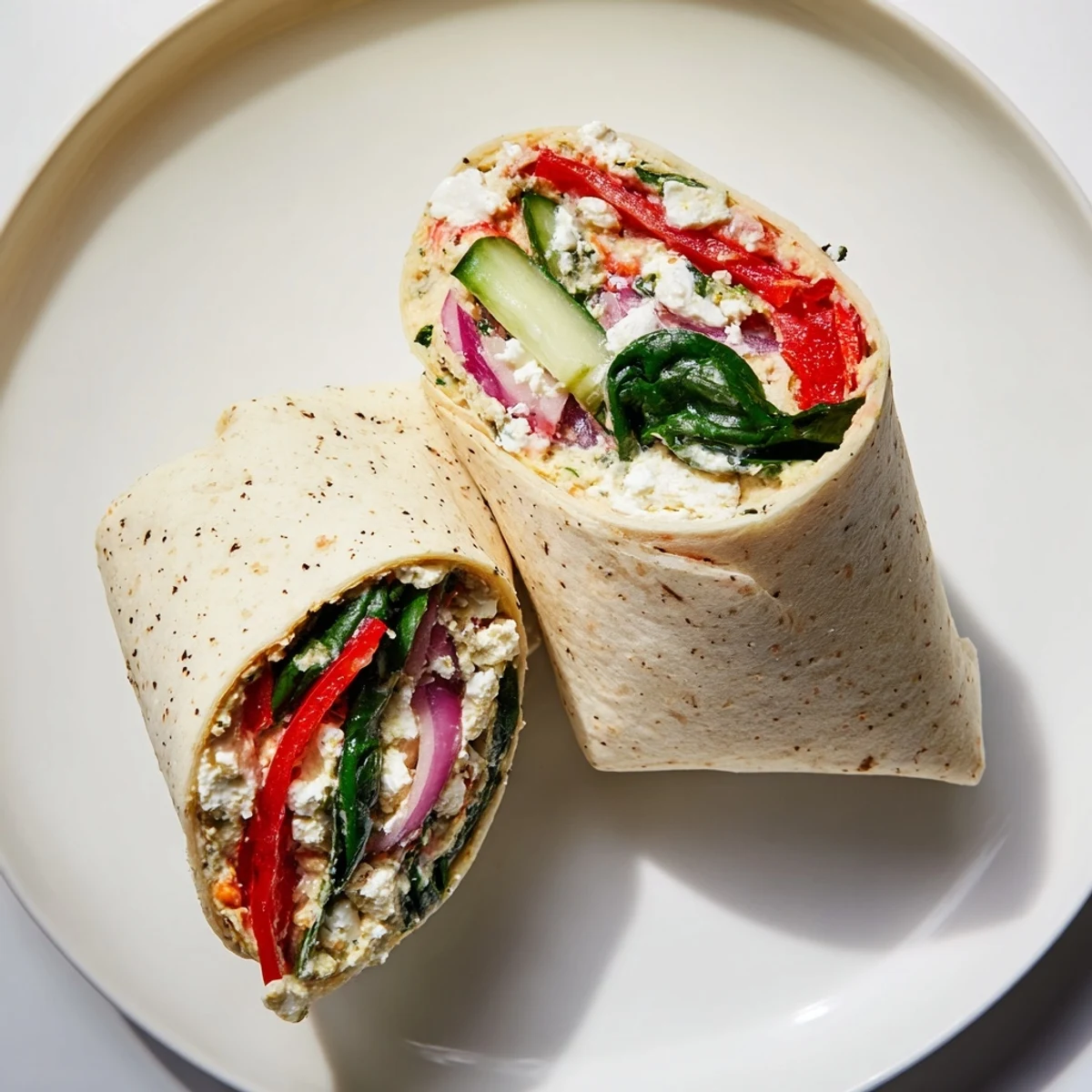 A Mediterranean Veggie Wrap filled with creamy hummus, smoky roasted red peppers, and fresh spinach.