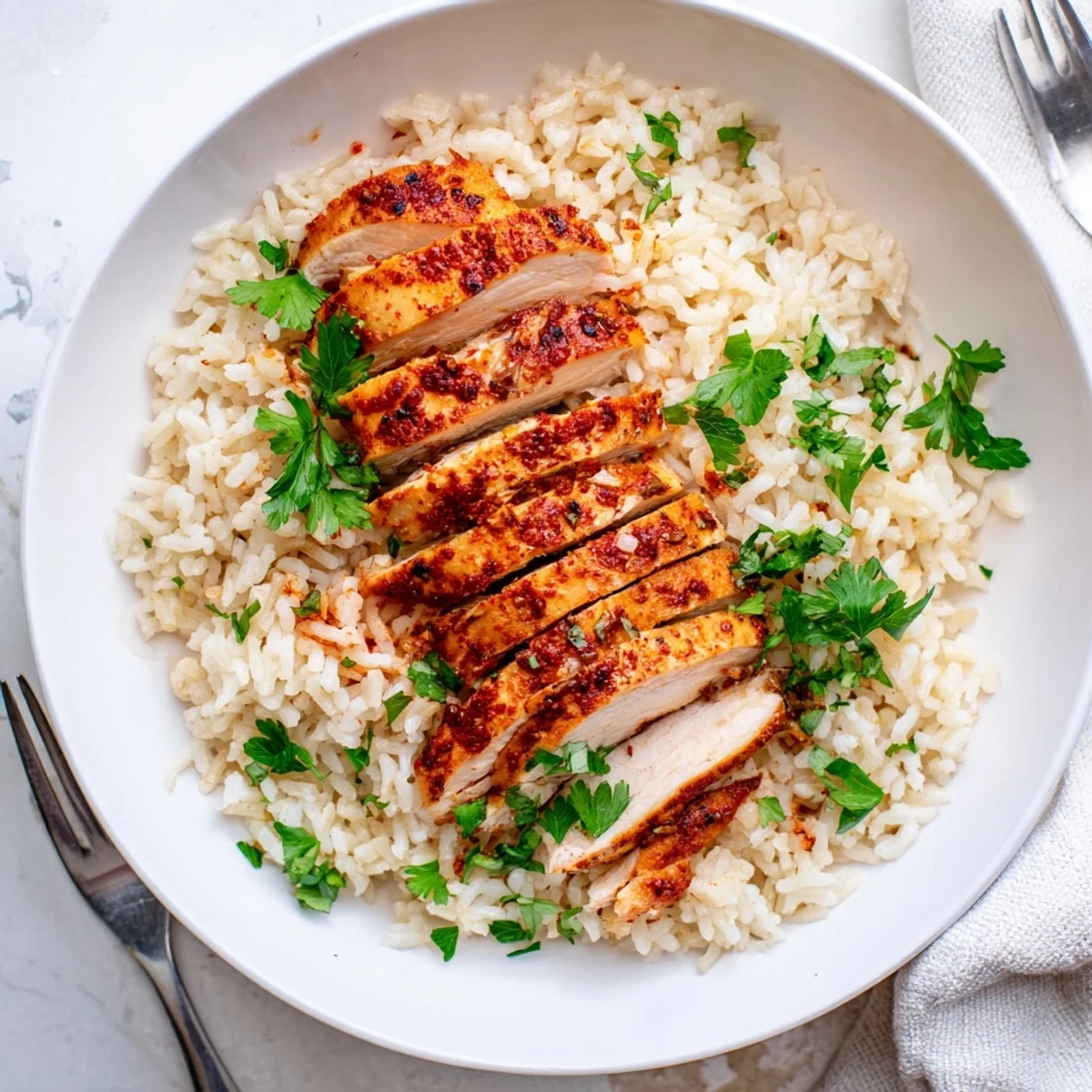 Hearty bowl of garlic butter rice with juicy grilled chicken, buttery aromatics, and a bright squeeze of lemon for a comforting dinner.