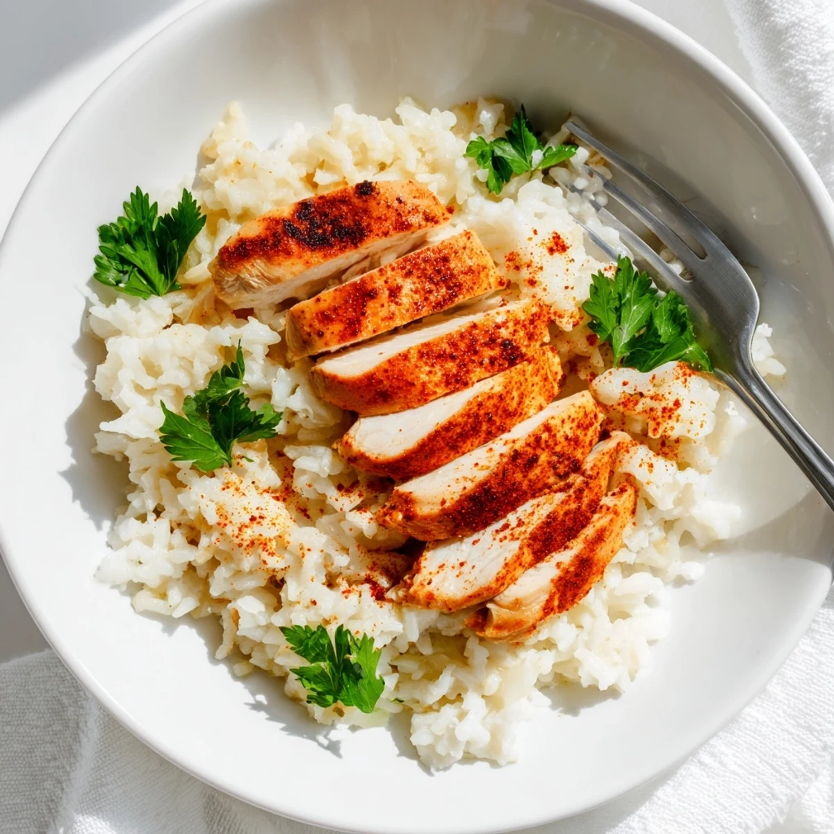Golden-brown grilled chicken breast sliced over fluffy garlic butter rice, garnished with fresh parsley and lemon wedges on a rustic wooden table.