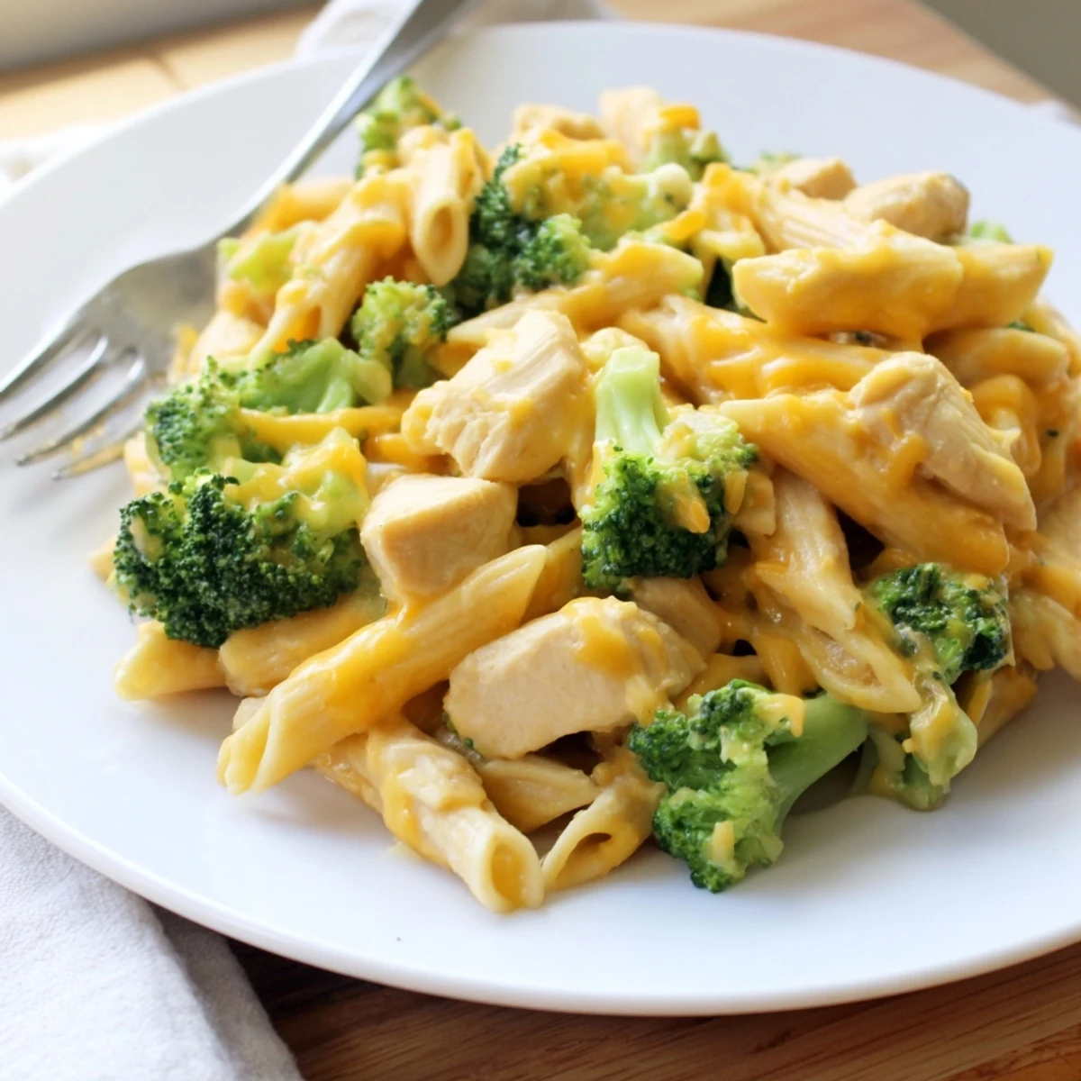 Close-up of creamy Chicken Broccoli Cheddar Pasta in a skillet, featuring tender chicken pieces and bright green broccoli florets coated in a velvety cheddar sauce.