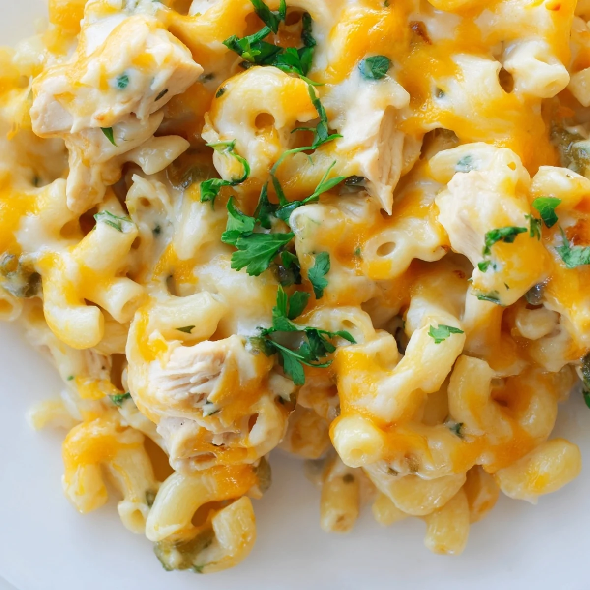 Creamy skillet Green Chili Chicken Mac with tender diced chicken, mild green chiles, and melted Monterey Jack cheese, served steaming hot.