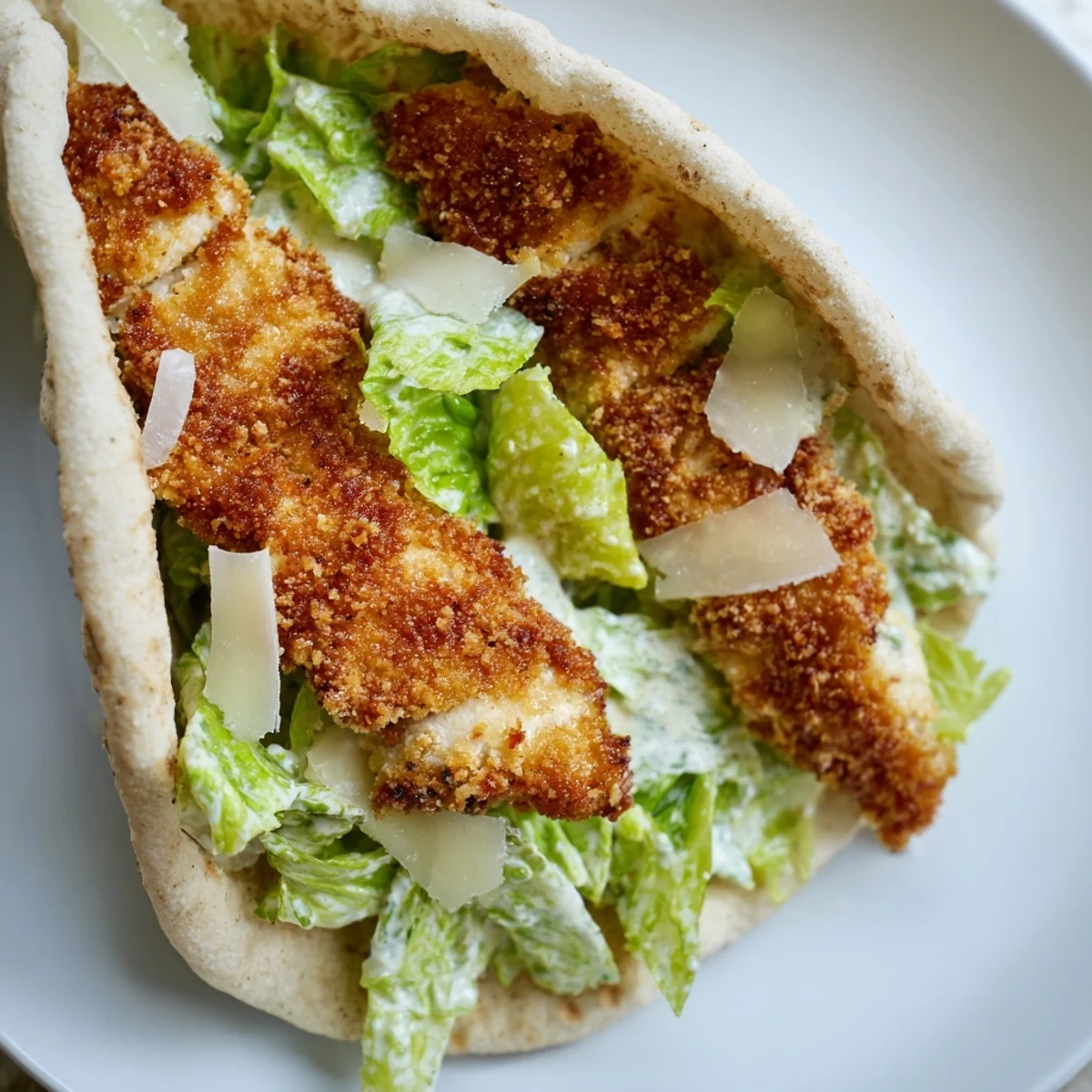 Golden, crispy herbed chicken Caesar pitas stuffed with fresh romaine salad and shaved Parmesan, served warm for a satisfying meal.