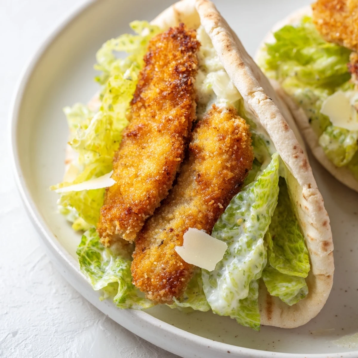 A close-up of herbed chicken Caesar pitas with golden cutlets, creamy dressing, and crisp lettuce peeking from warm pita pockets.