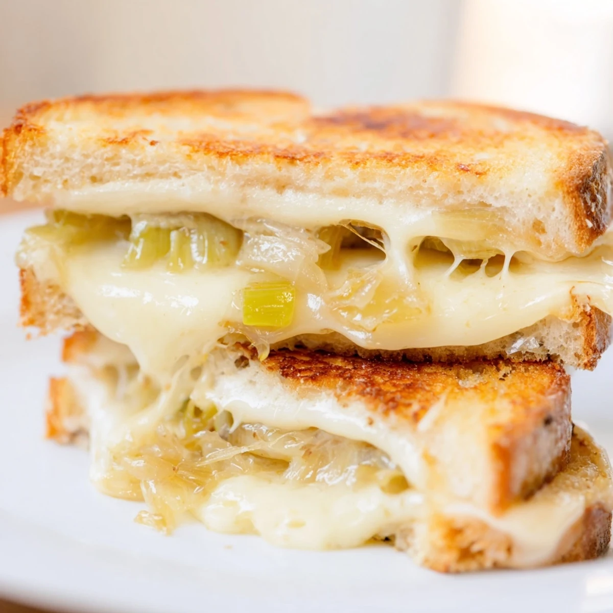 A close-up of a golden Havarti & Caramelized Leek Grilled Cheese, revealing sweet leeks and creamy melted cheese inside.