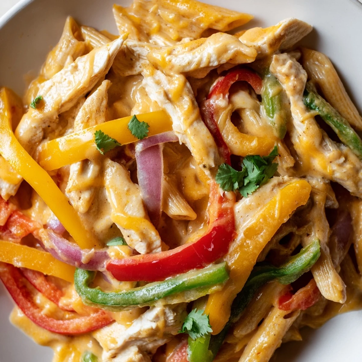 Creamy Fajita Chicken Pasta Skillet with colorful bell peppers, onions, and melted cheese, garnished with fresh cilantro and lime wedges.