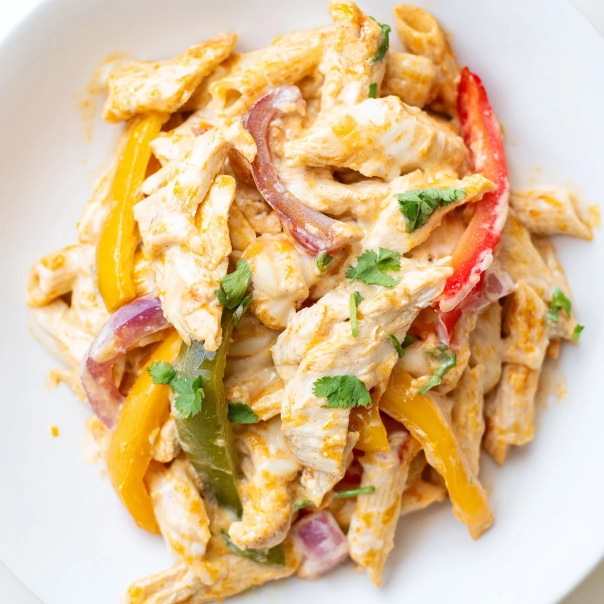 A vibrant Fajita Chicken Pasta Skillet in a cast-iron pan, featuring sizzling chicken strips, sautéed peppers, and a rich, cheesy sauce.
