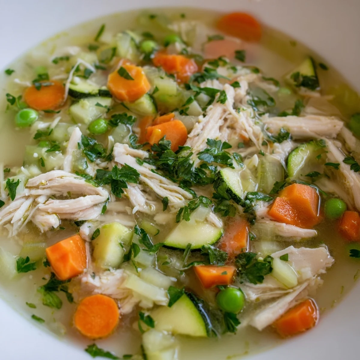 A steaming bowl of Spring Garden Chicken Soup with tender carrots, zucchini, and fresh parsley garnish.