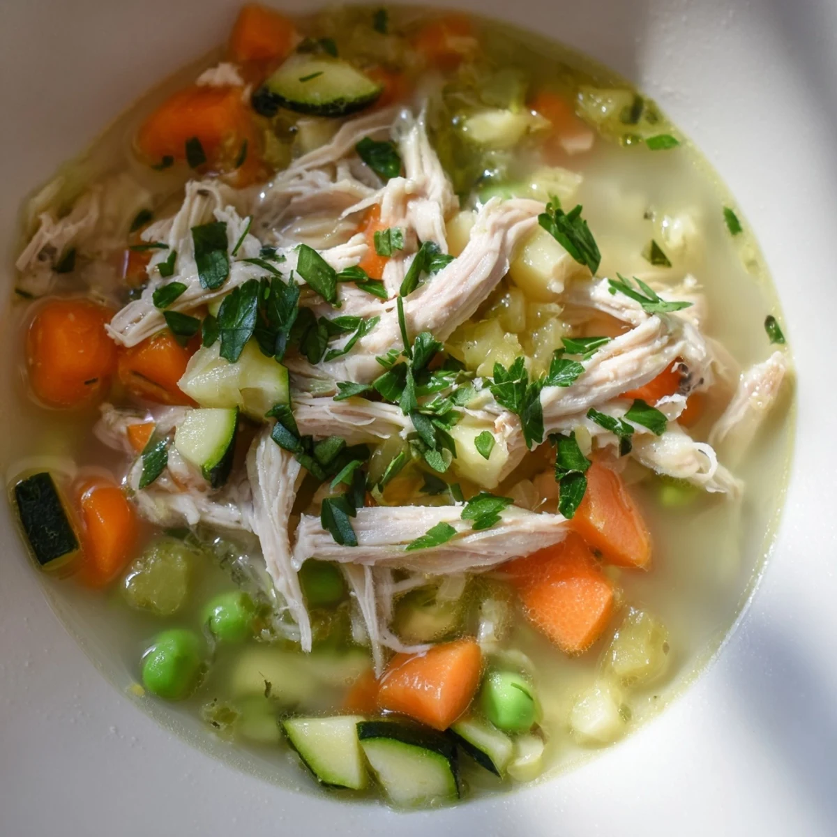 Savor Spring Garden Chicken Soup, featuring bright peas and shredded chicken in a savory golden broth.