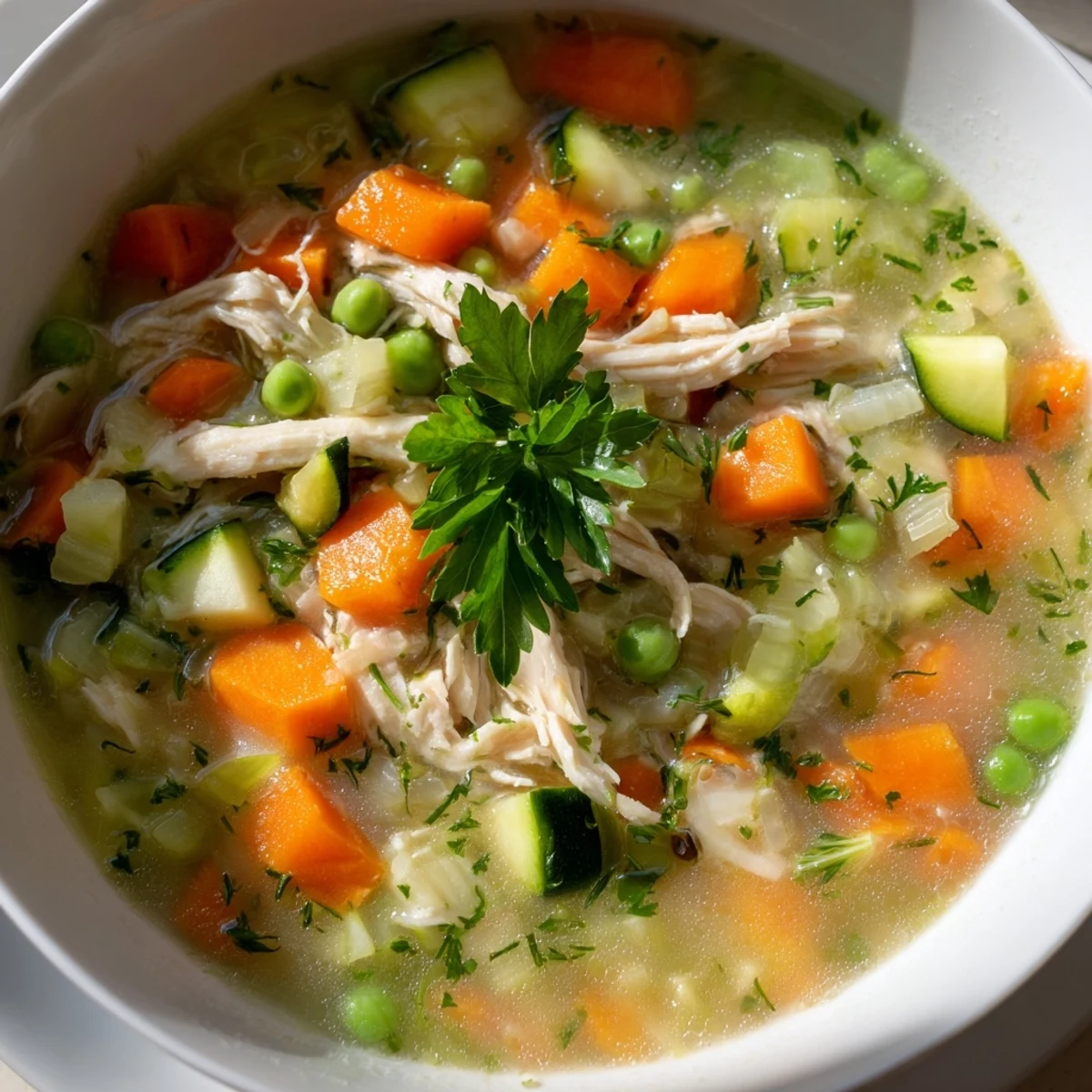 Comforting Spring Garden Chicken Soup ladled into a rustic bowl, ready to enjoy with crusty bread.