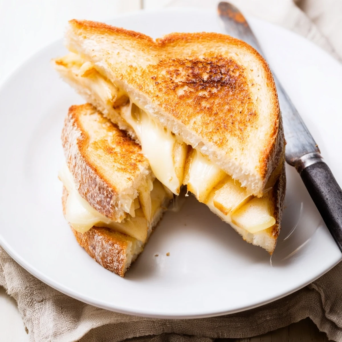A warm, buttery Smoked Gouda & Apple Grilled Cheese sandwich is sliced to reveal gooey cheese and thinly sliced tart apples inside. 