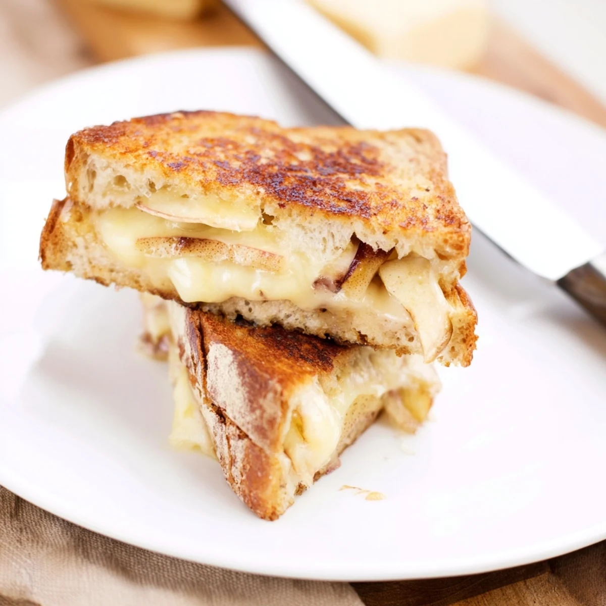 This hearty Smoked Gouda & Apple Grilled Cheese features crispy bread and smoky cheese, served on a plate next to a bowl of tomato soup.