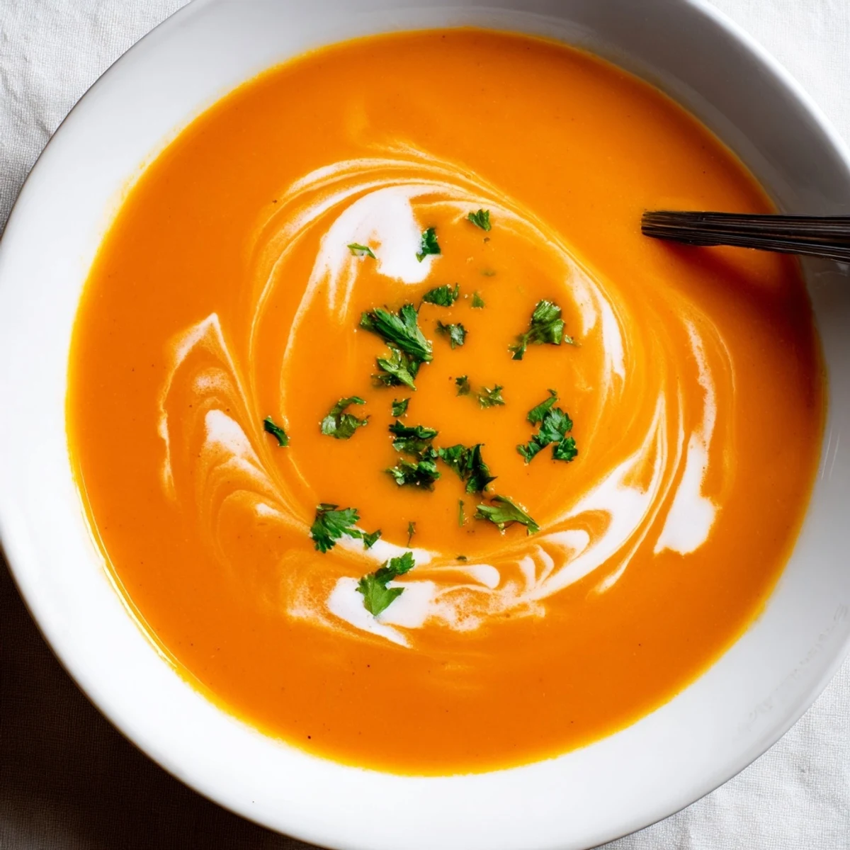 A bowl of vibrant orange Carrot Ginger Soup garnished with fresh parsley and a swirl of coconut cream, served warm.