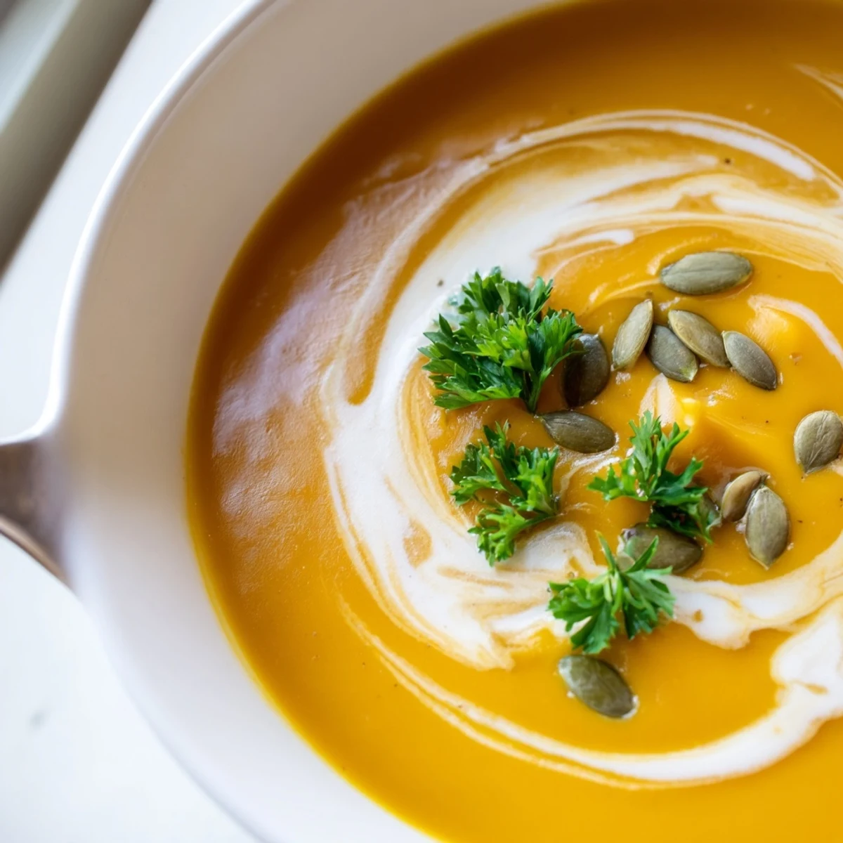 A warm bowl of Butternut Squash and Apple Soup garnished with toasted pumpkin seeds and fresh parsley.