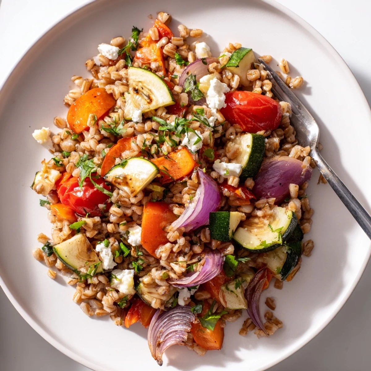 Golden roasted bell peppers, zucchini, and carrots are tossed with chewy farro and fresh parsley in a rustic white bowl.