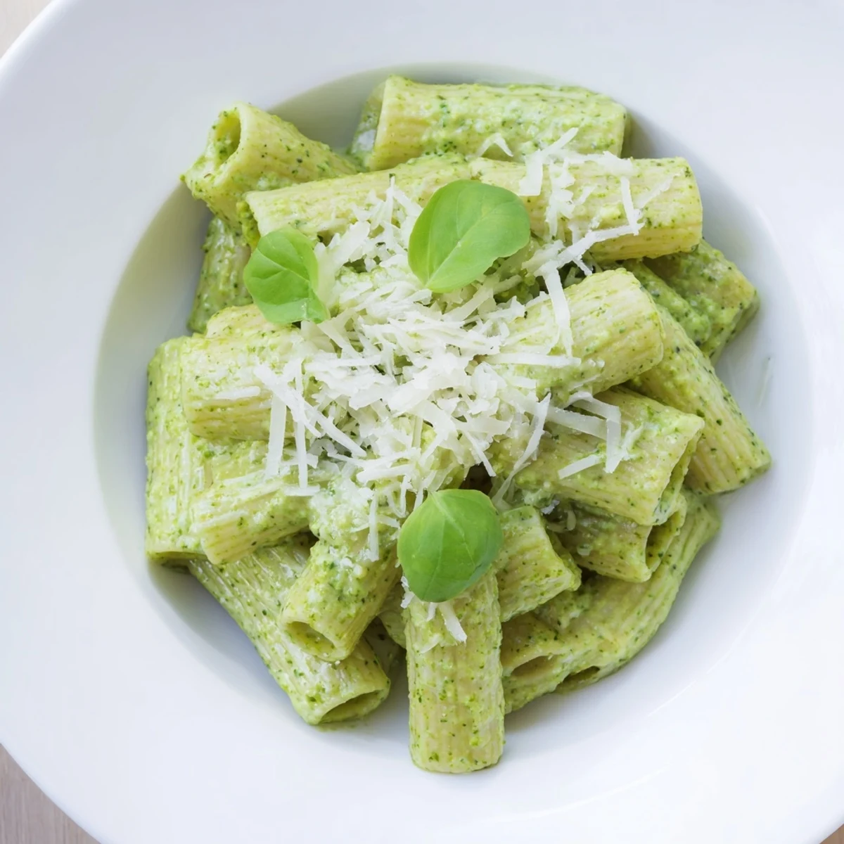 Creamy Avocado Pesto Mac is plated and ready to serve, featuring a rich, bright green sauce with melted Parmesan and a sprinkle of cracked black pepper.