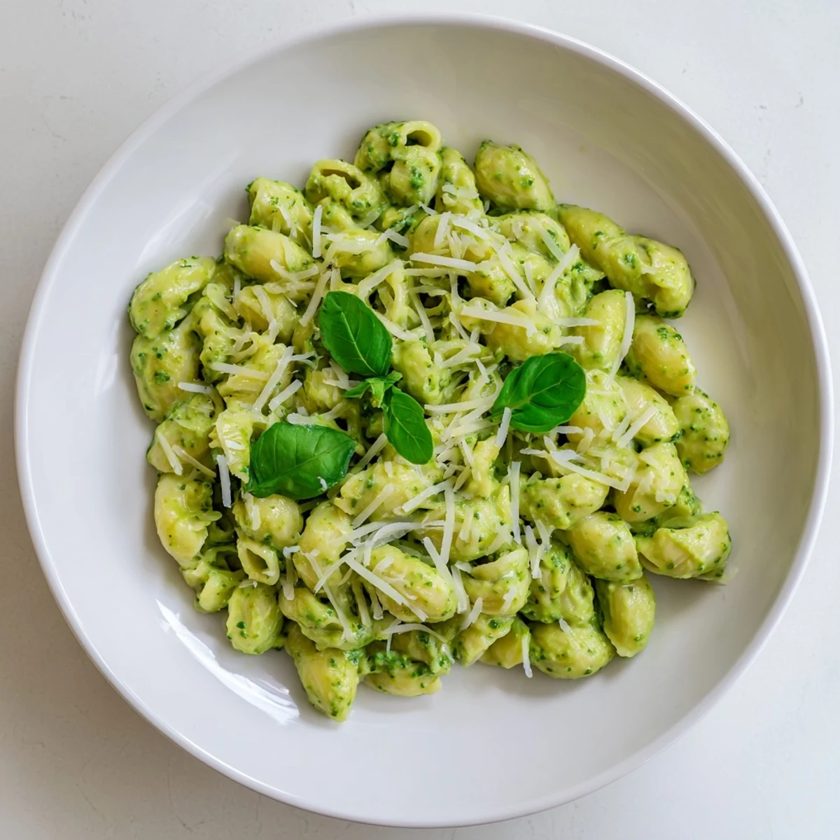 Spoon lifting a creamy bite of Creamy Avocado Pesto Mac, revealing tender pasta coated in a lush avocado and basil pesto sauce for a fresh, Italian-American twist.