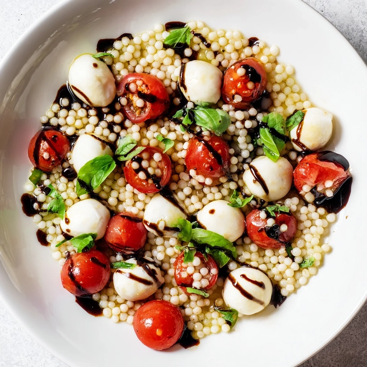 Fresh Caprese Couscous Salad tossed with tender Israeli couscous, torn basil leaves, and a drizzle of balsamic glaze.