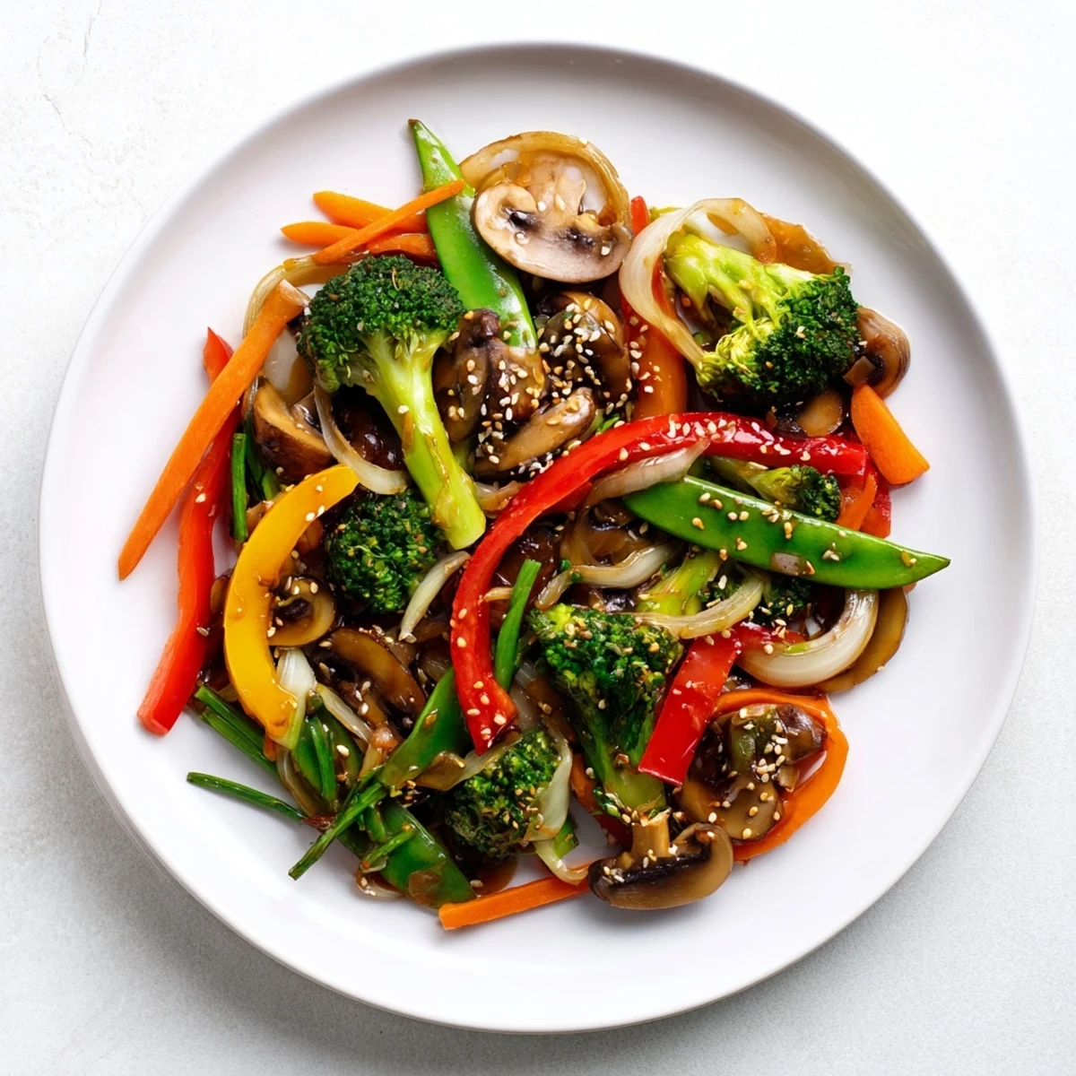 Colorful ginger stir-fried vegetables in a hot wok, releasing aromatic steam with minced garlic and red bell pepper slices.