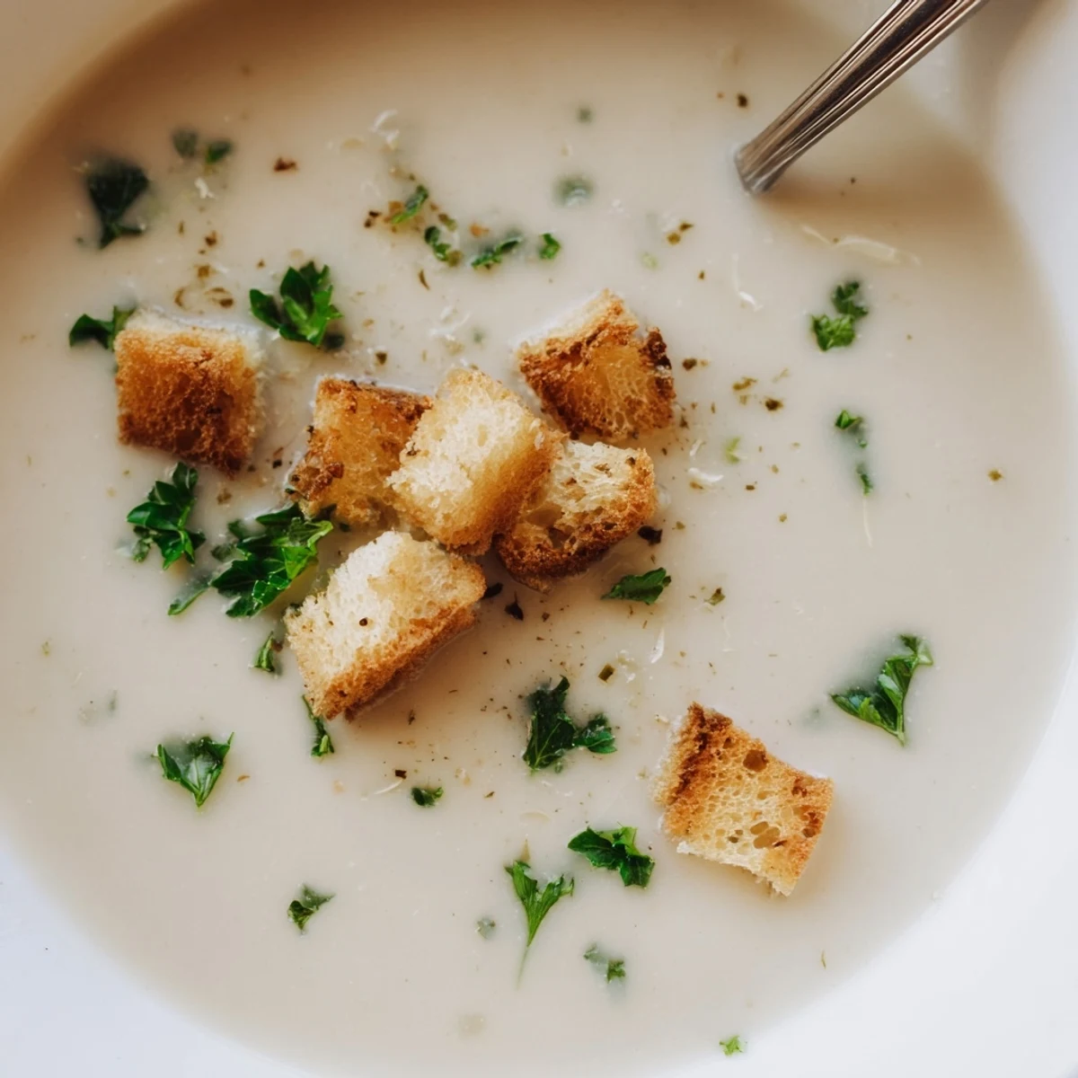 A warm bowl of roasted garlic soup garnished with fresh parsley, offering a velvety texture and rich aroma.