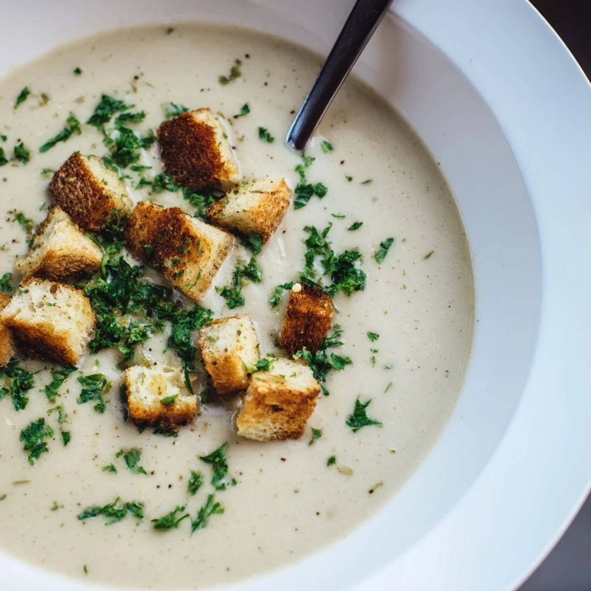 Golden roasted garlic cloves nestled in this creamy vegetarian soup, served alongside crusty toasted bread slices.