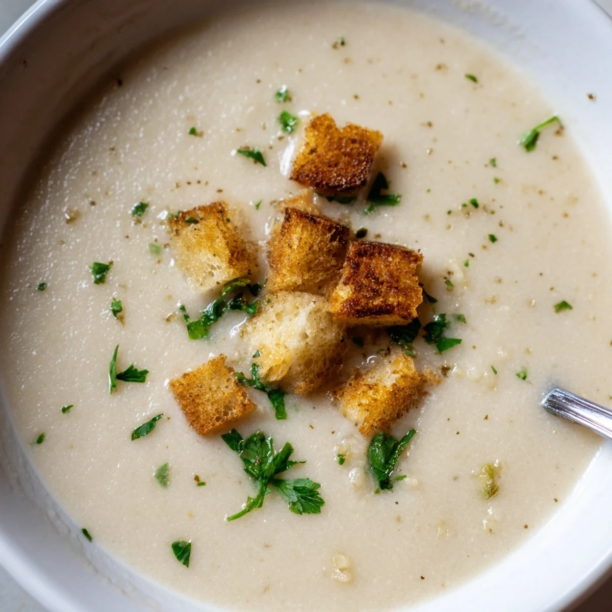 Comforting roasted garlic soup in a rustic bowl, featuring a smooth, savory broth perfect for chilly evenings.