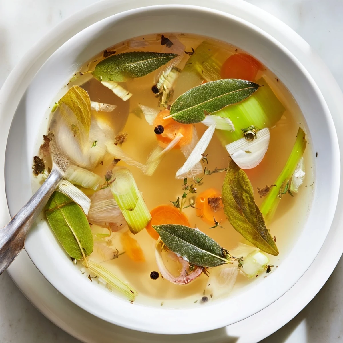 A clear pot of simmering Vegetable Broth From Scraps, filled with colorful carrot peels and celery ends in fragrant golden liquid.  