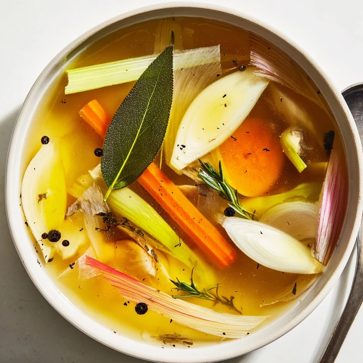 Homemade Vegetable Broth From Scraps steams in a clear glass jar beside fresh herb garnish and crusty bread for dipping.  