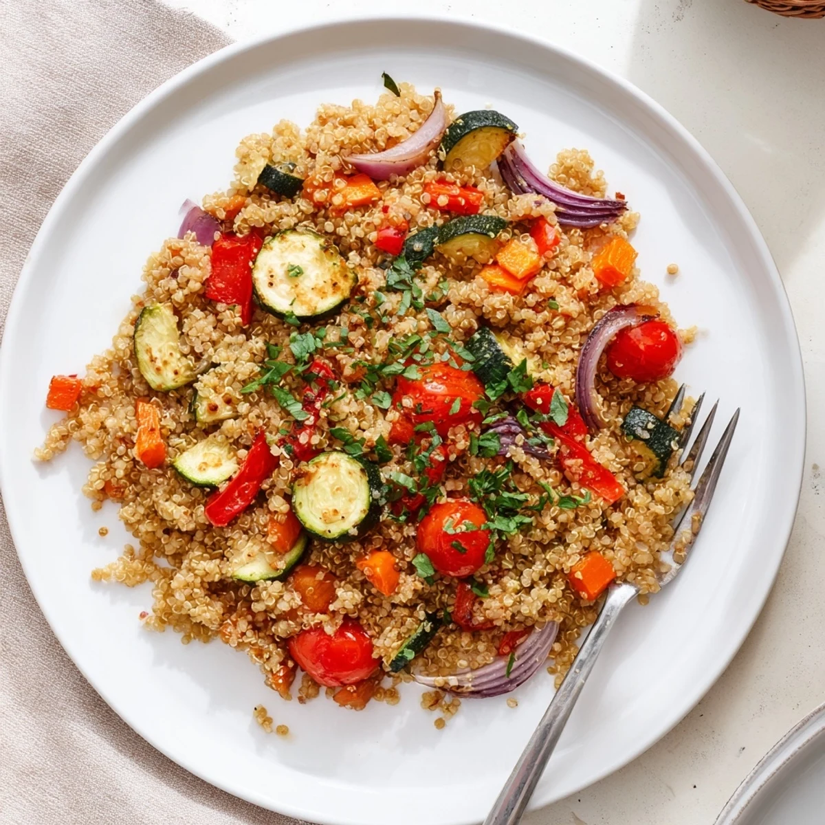 Fork-fluffed quinoa vegetable pilaf with golden roasted vegetables, fresh herbs, and a bright lemon finish.