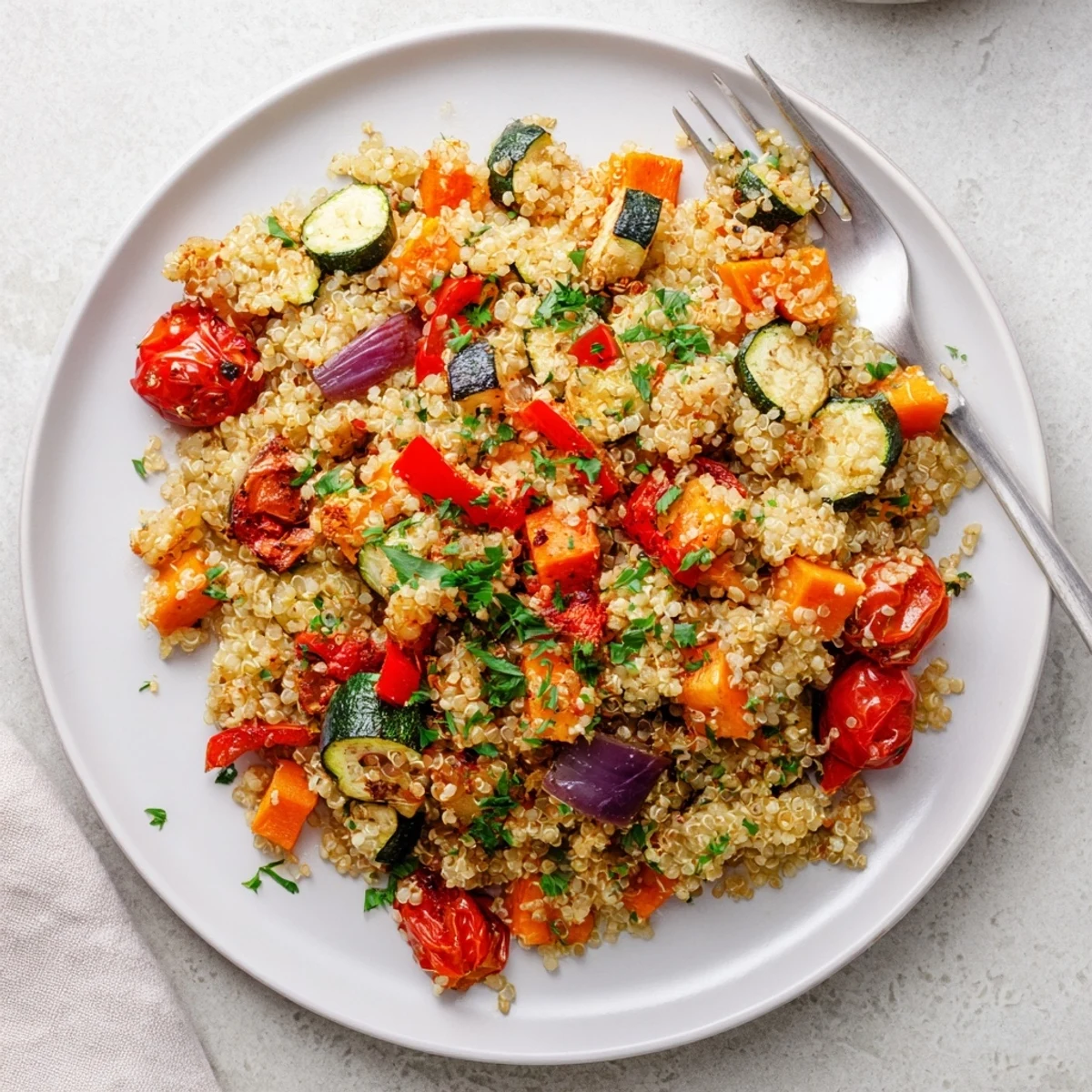 Close-up of fluffy quinoa vegetable pilaf topped with colorful roasted bell peppers, zucchini, and tomatoes.