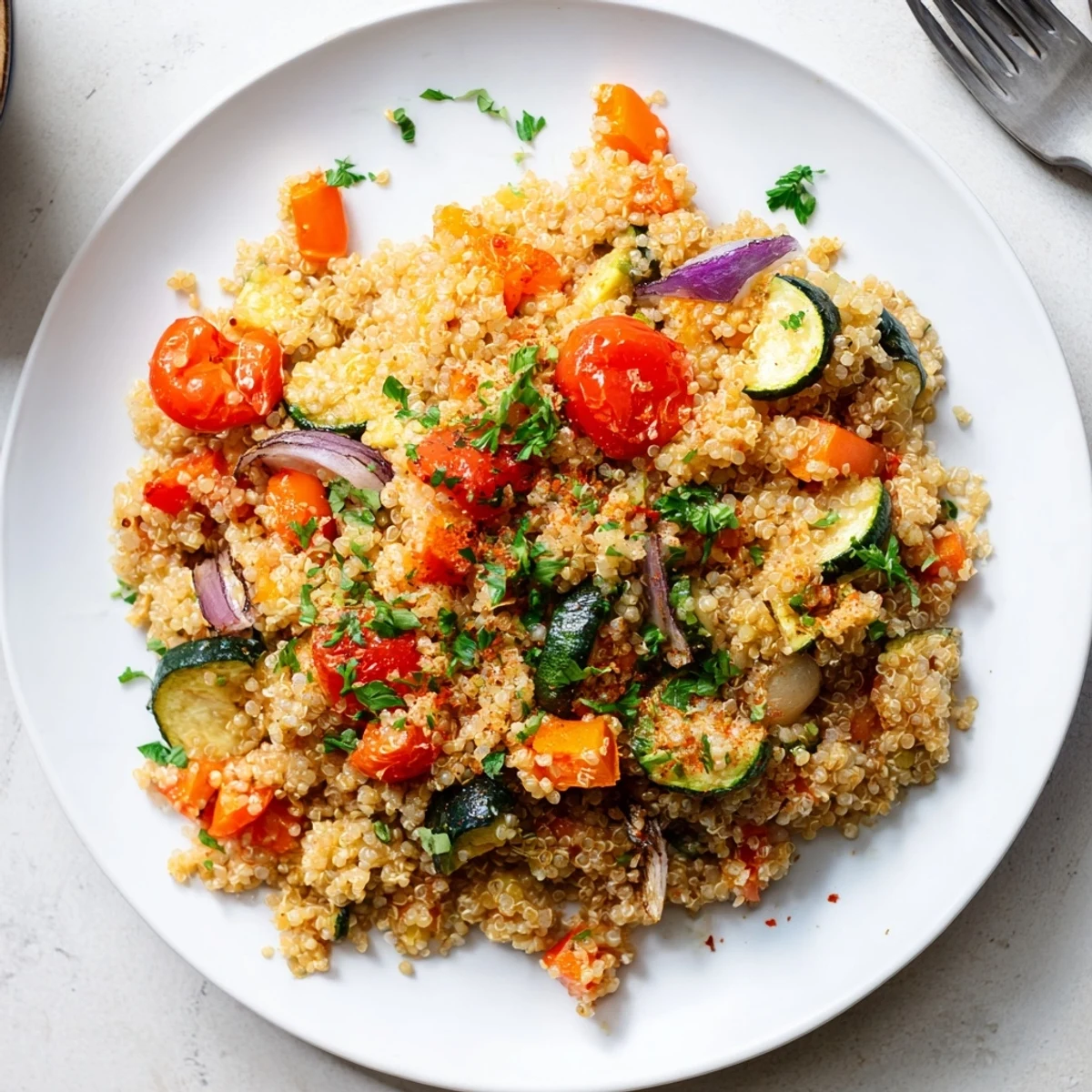 Spoon-ready quinoa vegetable pilaf served warm from the skillet, garnished with parsley and mint.