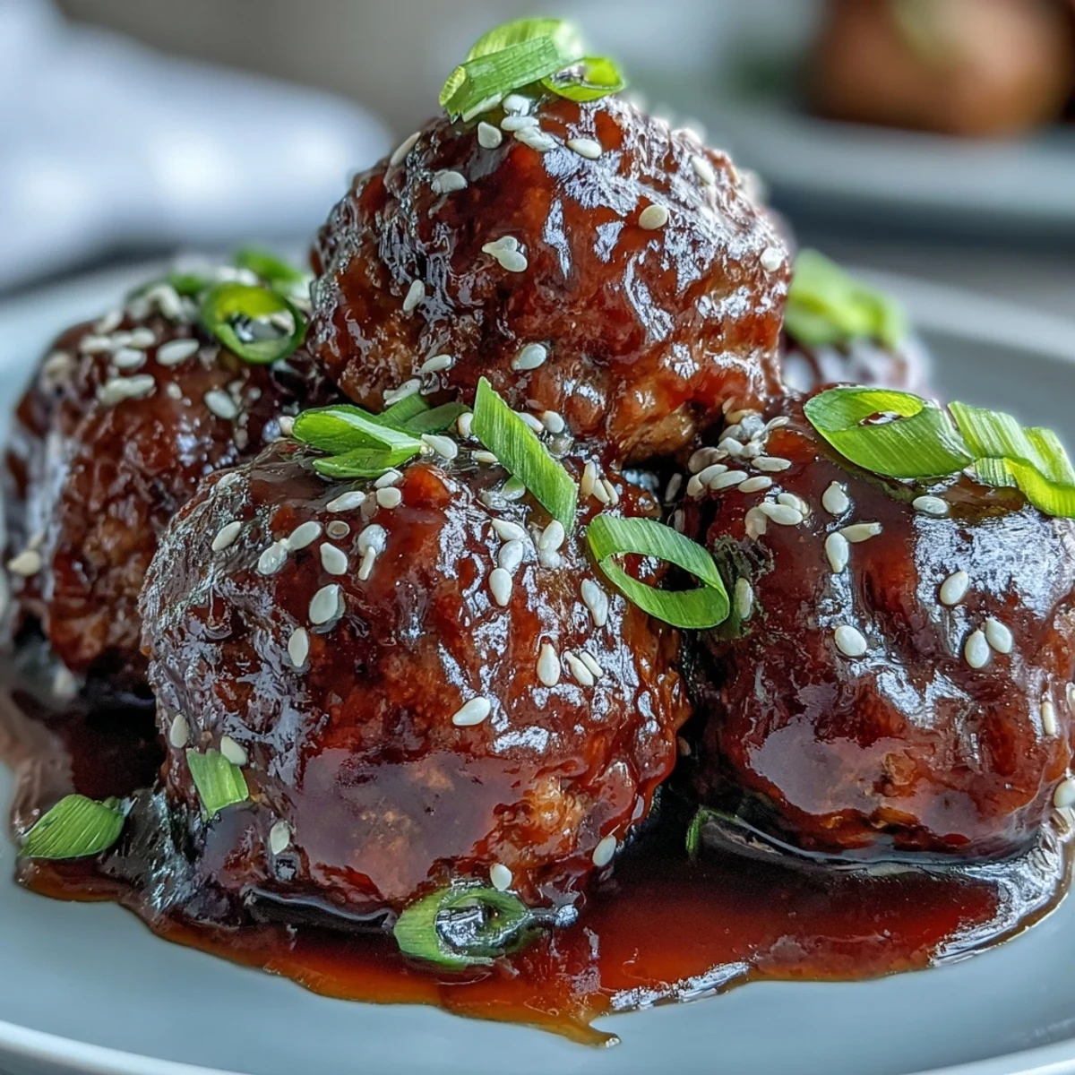 Easy Sweet and Sour Crock Pot Meatballs simmering in a glossy, tangy sauce, topped with fresh green onions and sesame seeds for a party appetizer.