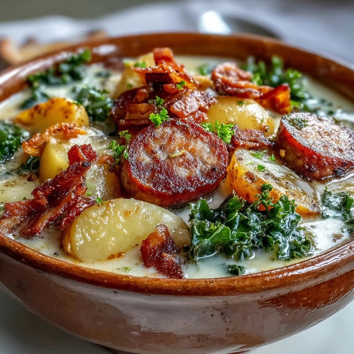 Hearty Italian Sausage Soup with creamy broth, tender potatoes, and fresh kale served steaming in a rustic bowl.
