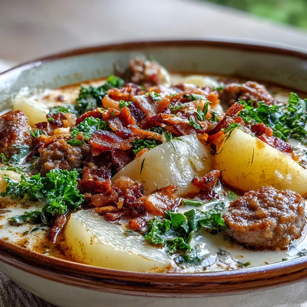 Family-style Italian Sausage Soup steaming in a pot with sliced potatoes and kale, ready to serve with crusty bread.