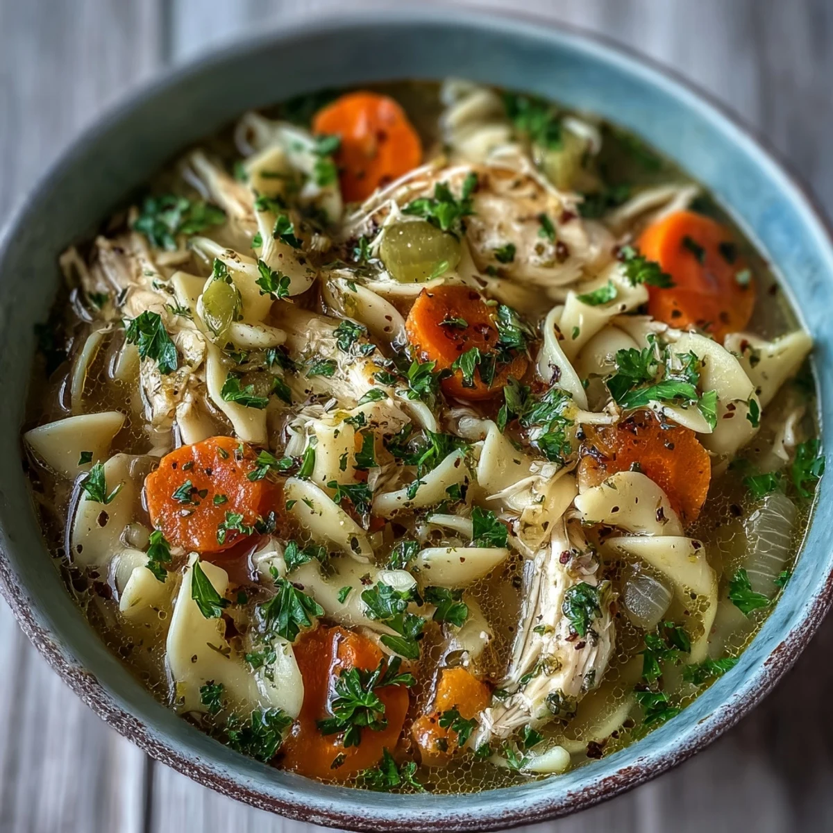 Hearty Instant Pot Chicken Noodle Soup with tender shredded chicken, carrots, and celery in a savory broth.