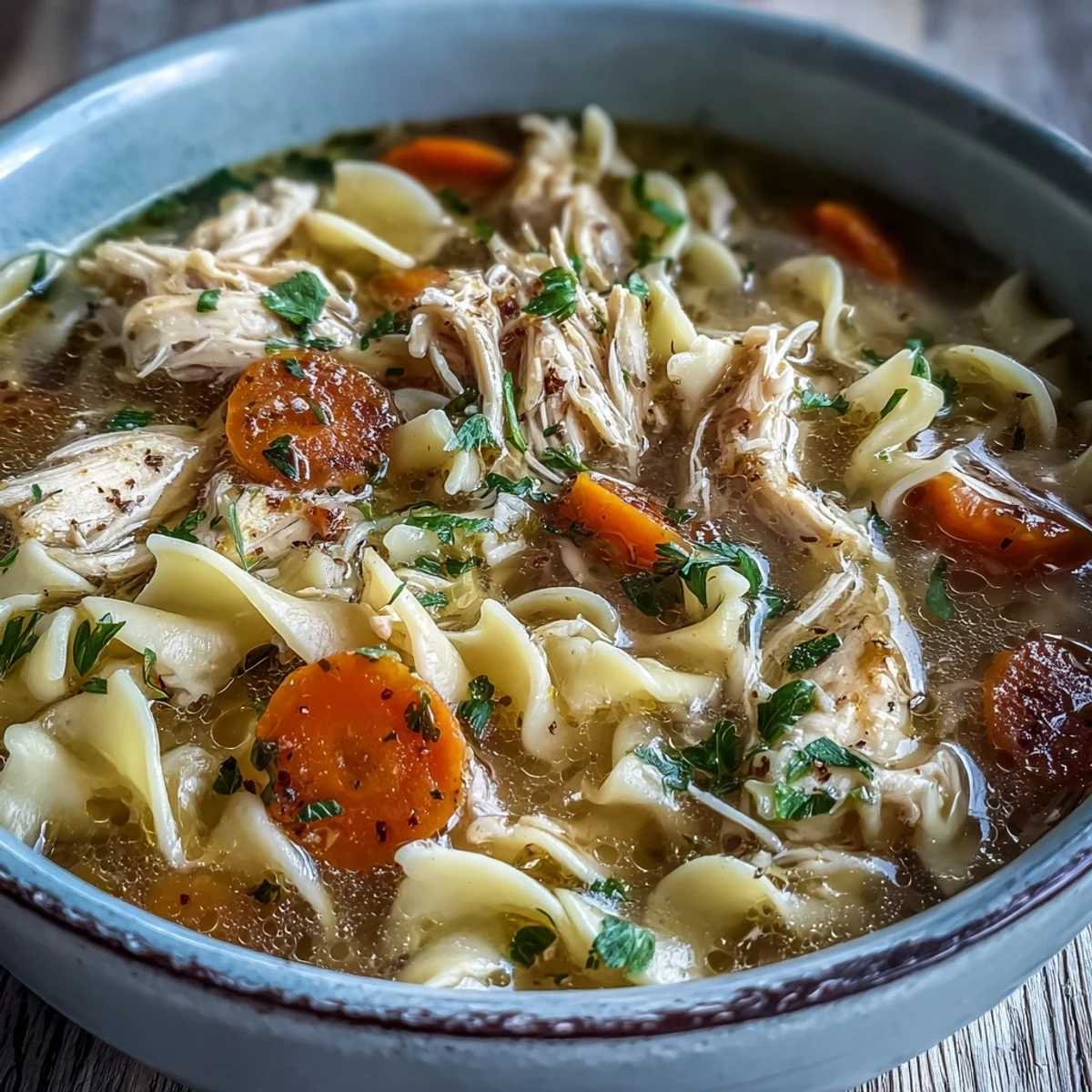 A bowl of Instant Pot Chicken Noodle Soup, steam rising from egg noodles and fresh parsley garnish.