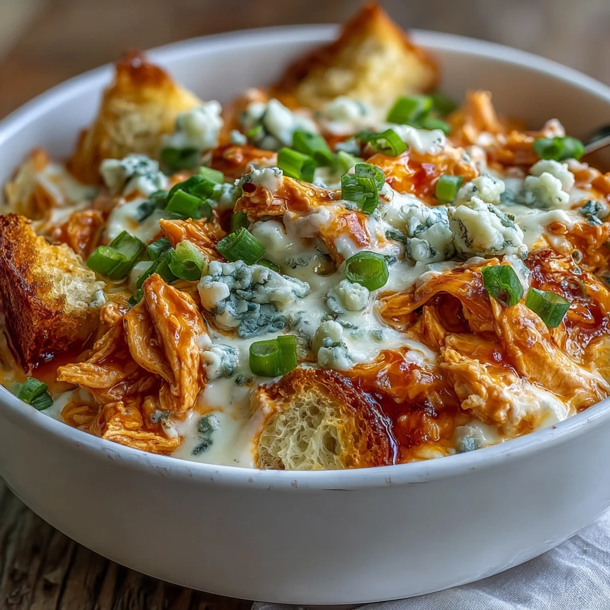 Creamy Crock Pot Buffalo Chicken Dip Soup with shredded chicken and melty cheddar in a bowl, topped with green onions.