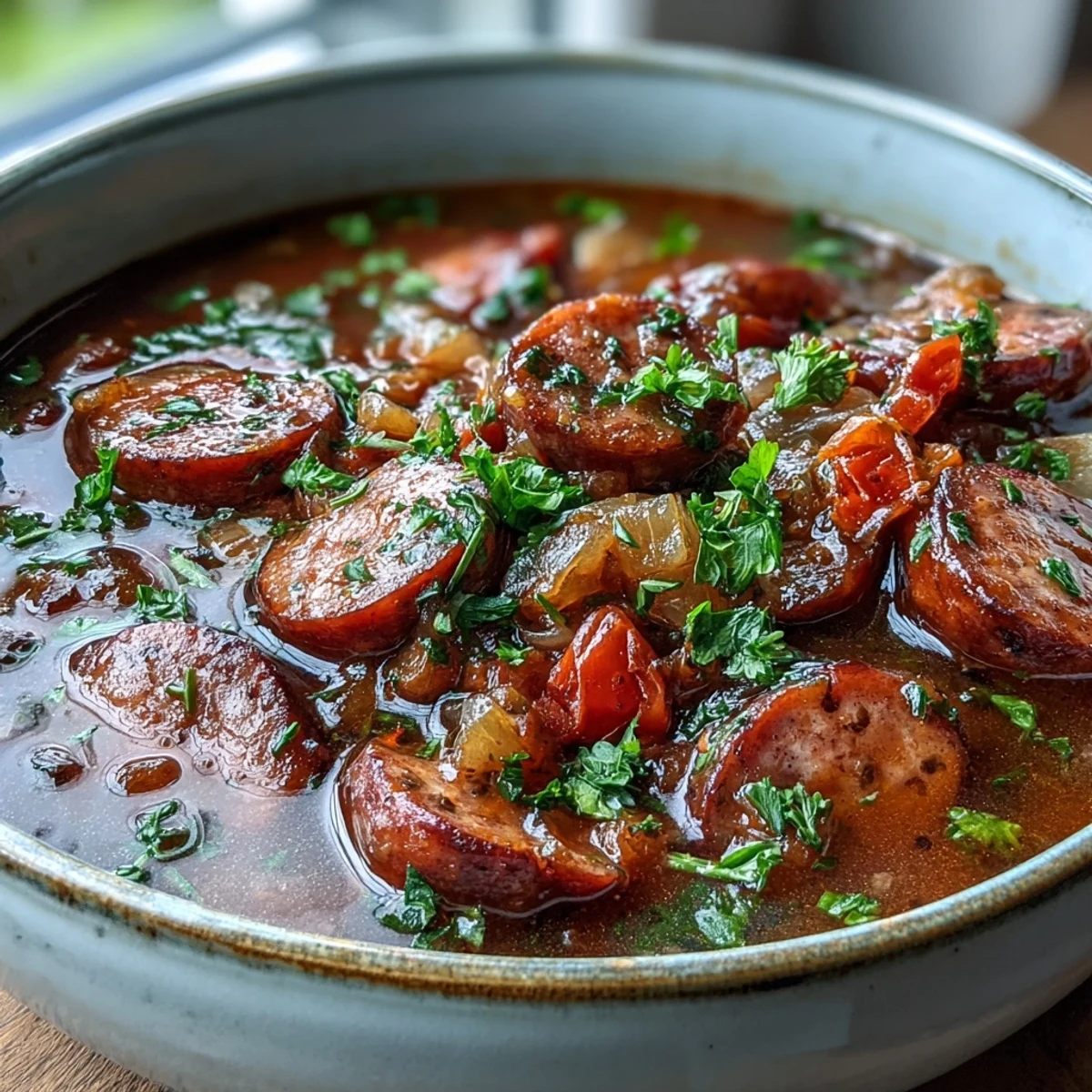 Golden cocktail sausages and tender red bell peppers in Crock Pot BBQ Cocktail Sausage Soup, slow-cooked for cozy weeknight comfort.