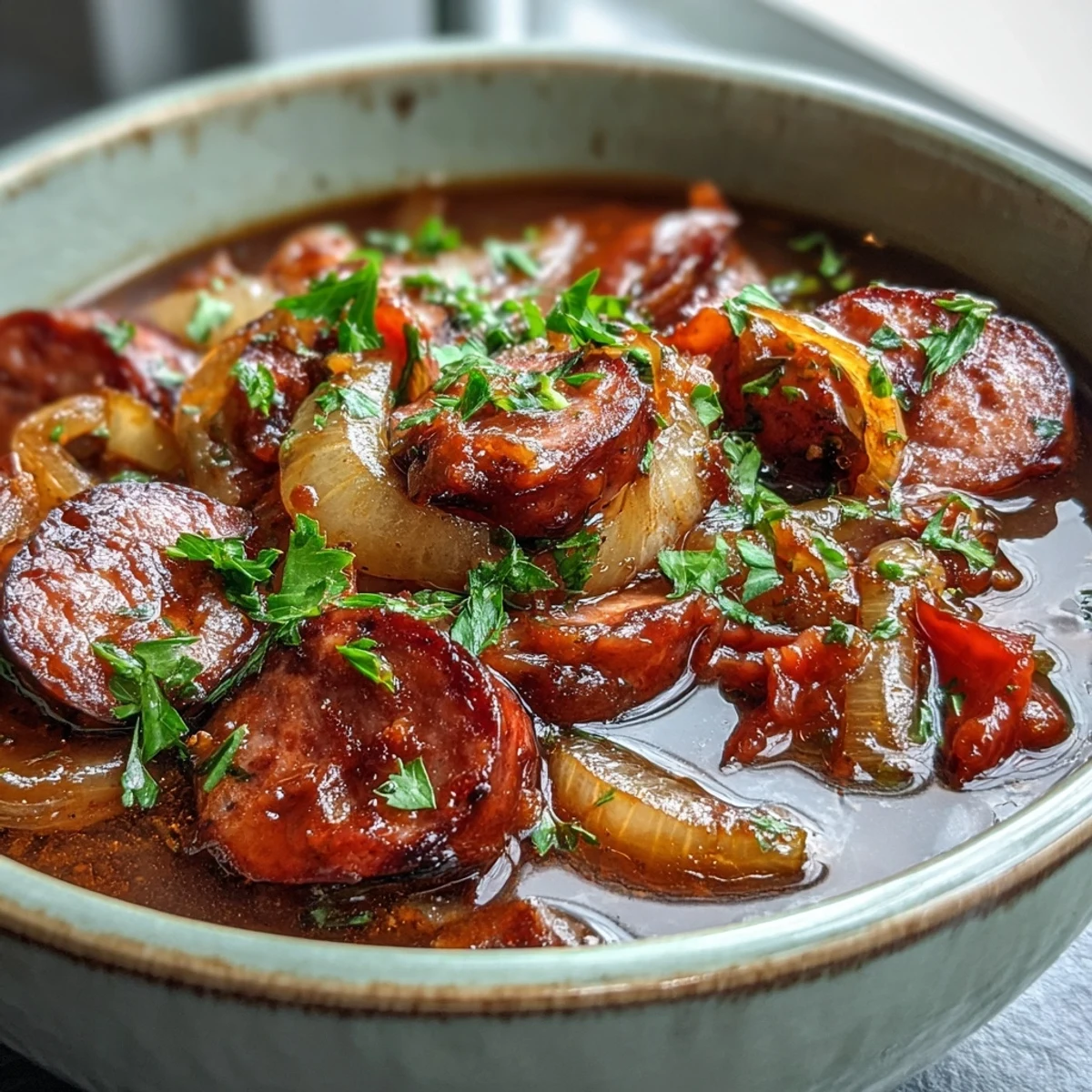 Hearty bowl of Crock Pot BBQ Cocktail Sausage Soup topped with fresh parsley, served beside crusty artisan bread slices.