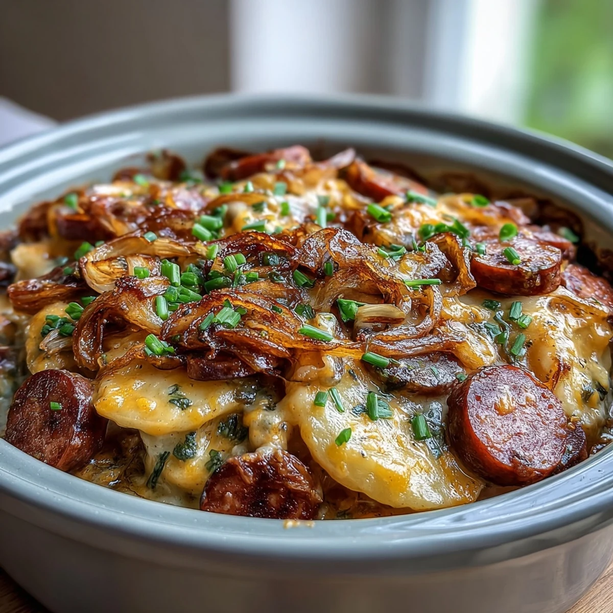 Thick slices of smoky kielbasa and pillowy pierogi layered in a slow cooker for a hearty Crockpot Pierogi Casserole With Kielbasa.