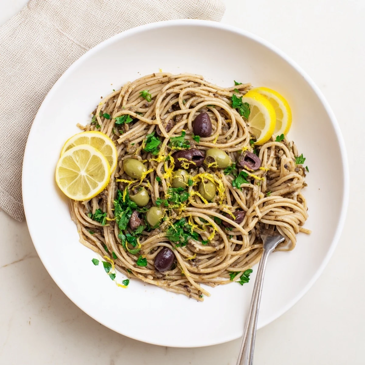 A close-up of Olive Tapenade Pasta tossed in a chunky olive and caper sauce, garnished with fresh parsley and lemon zest.