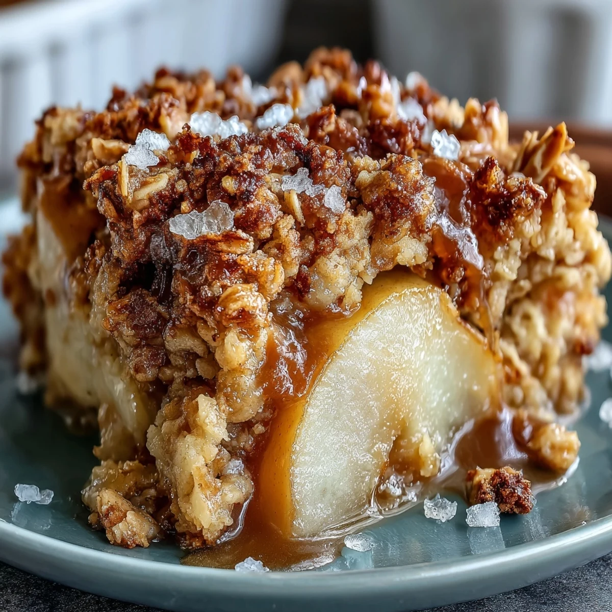 Freshly baked Pear Crumble with a golden, crunchy oat topping, served warm in a dish alongside a scoop of melting vanilla ice cream.