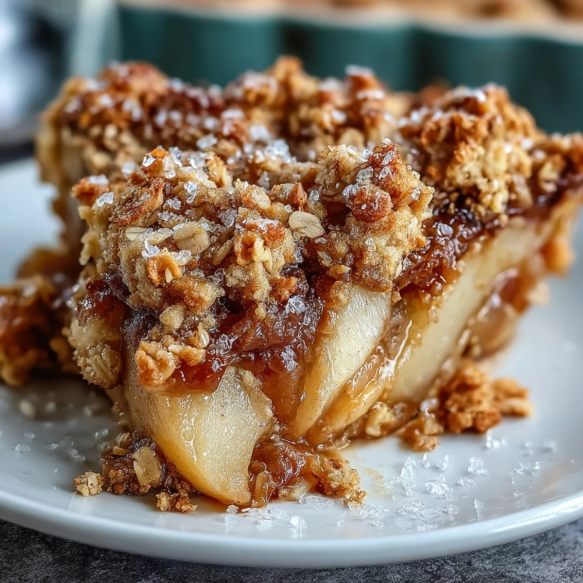 A close-up view of warm Pear Crumble, showing tender, juicy pear slices and a thick, buttery crumb topping fresh from the oven.