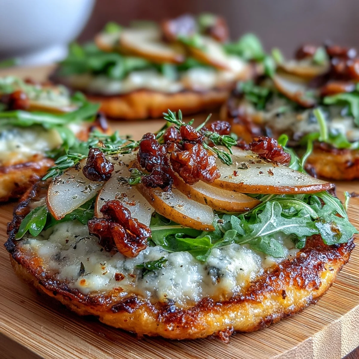 Golden crisp pizzettes topped with ripe pear slices, creamy Gorgonzola, and pickled walnuts with fresh thyme.