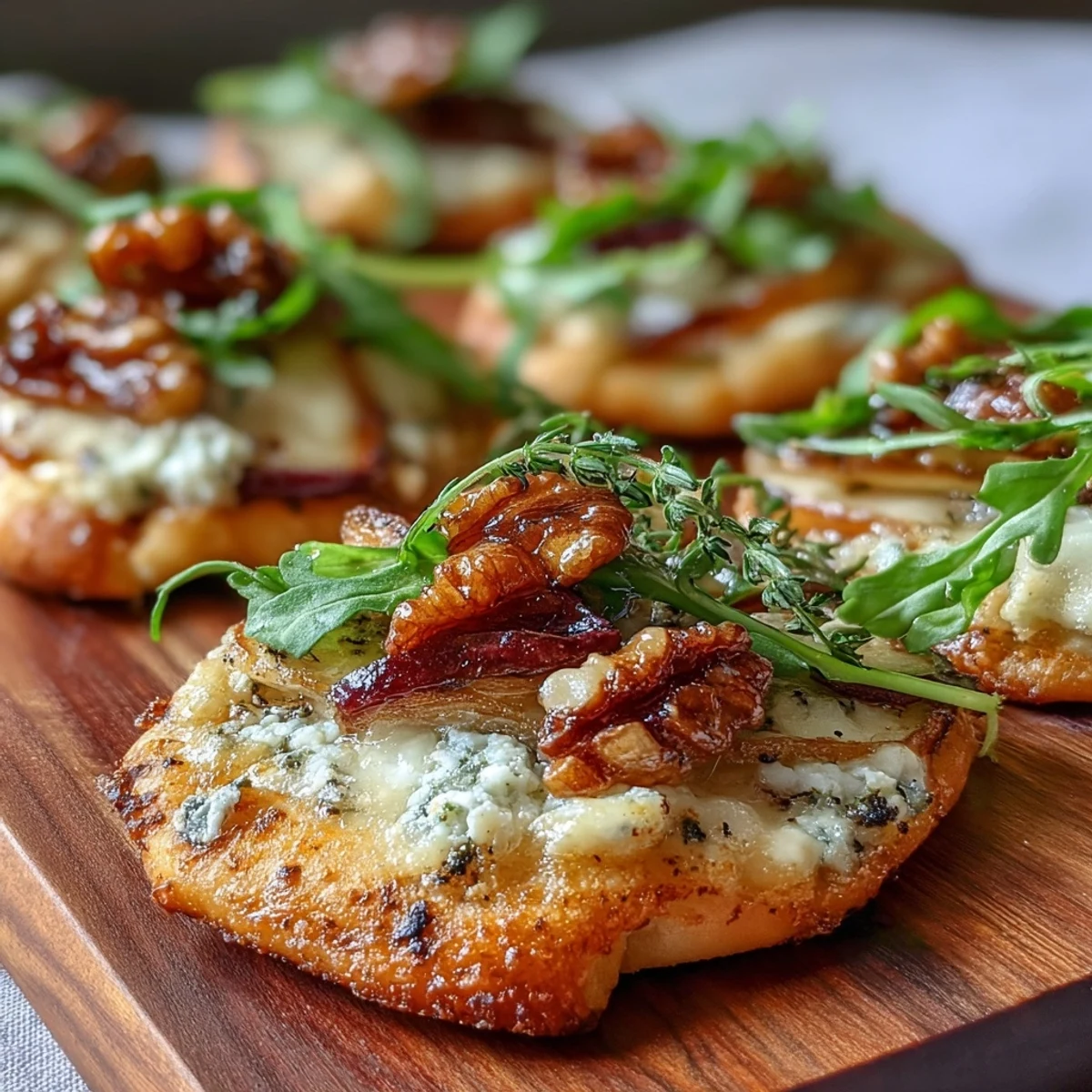 Savory mini pizzas featuring sweet pear and tangy pickled walnuts, baked until bubbling and served warm.
