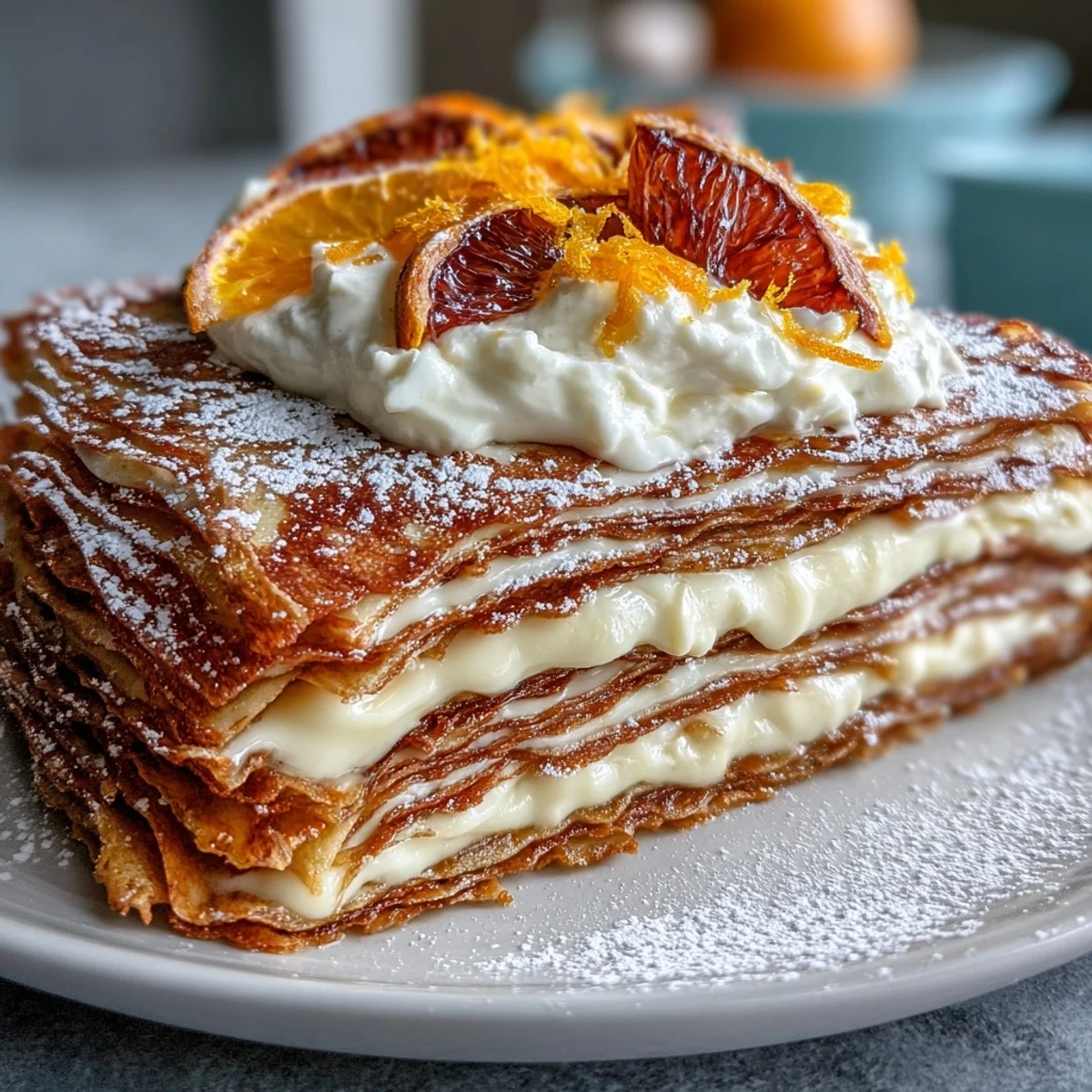 A slice of Blood Orange Curd Crêpe Cake reveals distinct layers of crêpe and orange filling on a white plate.