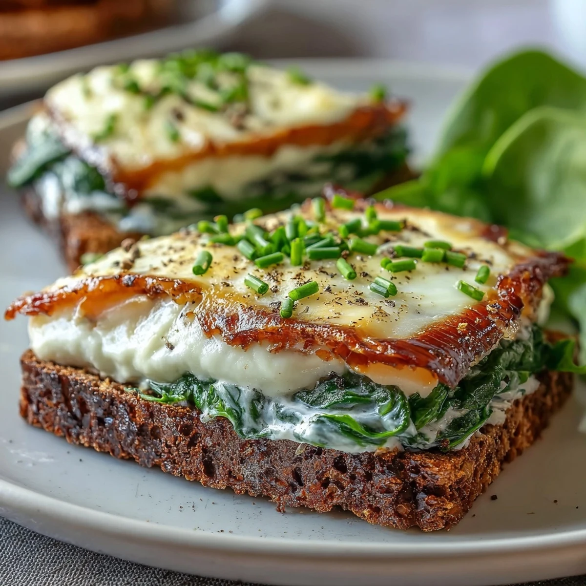 Poached smoked haddock on buttery rye toast layered with tender spinach, creamy spread, and a sprinkle of chives.