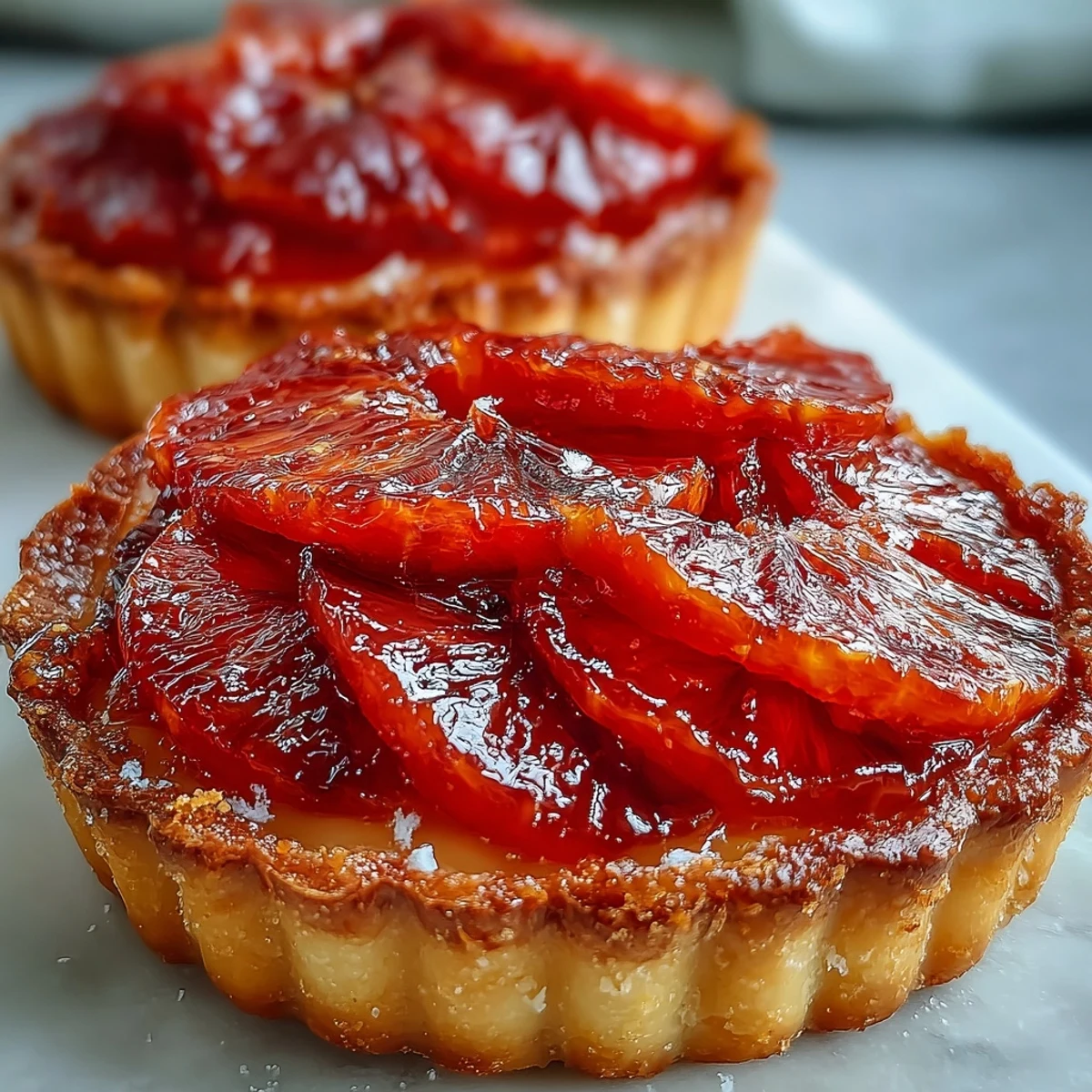 Overhead view of Blood Orange Tarts featuring textured crust, creamy vanilla filling, and neatly arranged bright orange segments drizzled with honey.