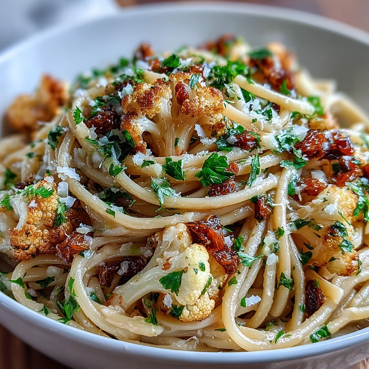 Roasted cauliflower florets and anchovy fillets mingle with sweet raisins in this savory Cauliflower, Anchovy and Raisin Spaghetti.