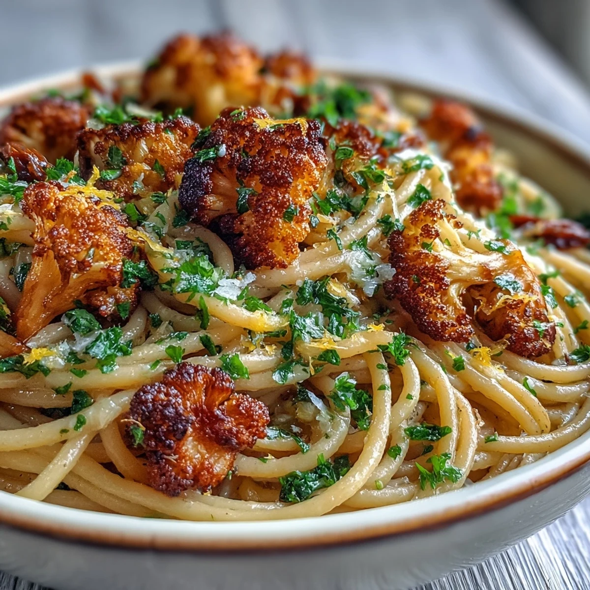 Plated Cauliflower, Anchovy and Raisin Spaghetti is garnished with lemon zest, ready to be served for dinner.